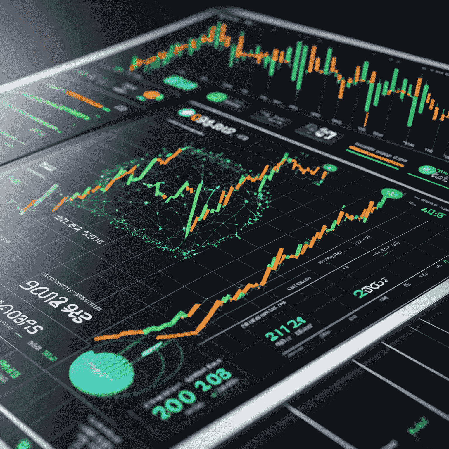 Visual representation of AI-driven market trends, showing graphs and charts with futuristic AI elements overlaid
